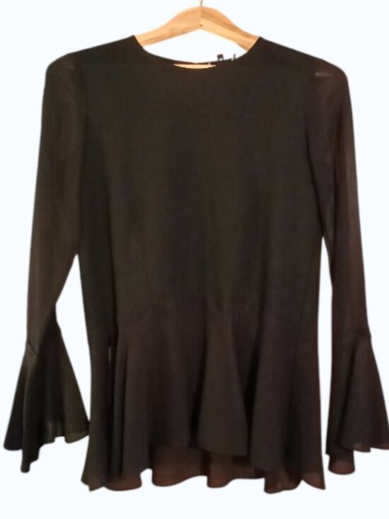 Theory Tops - THEORY Black Long Sleeve Wool Peplum Sheer Sleeve/Hem Blouse - EUC